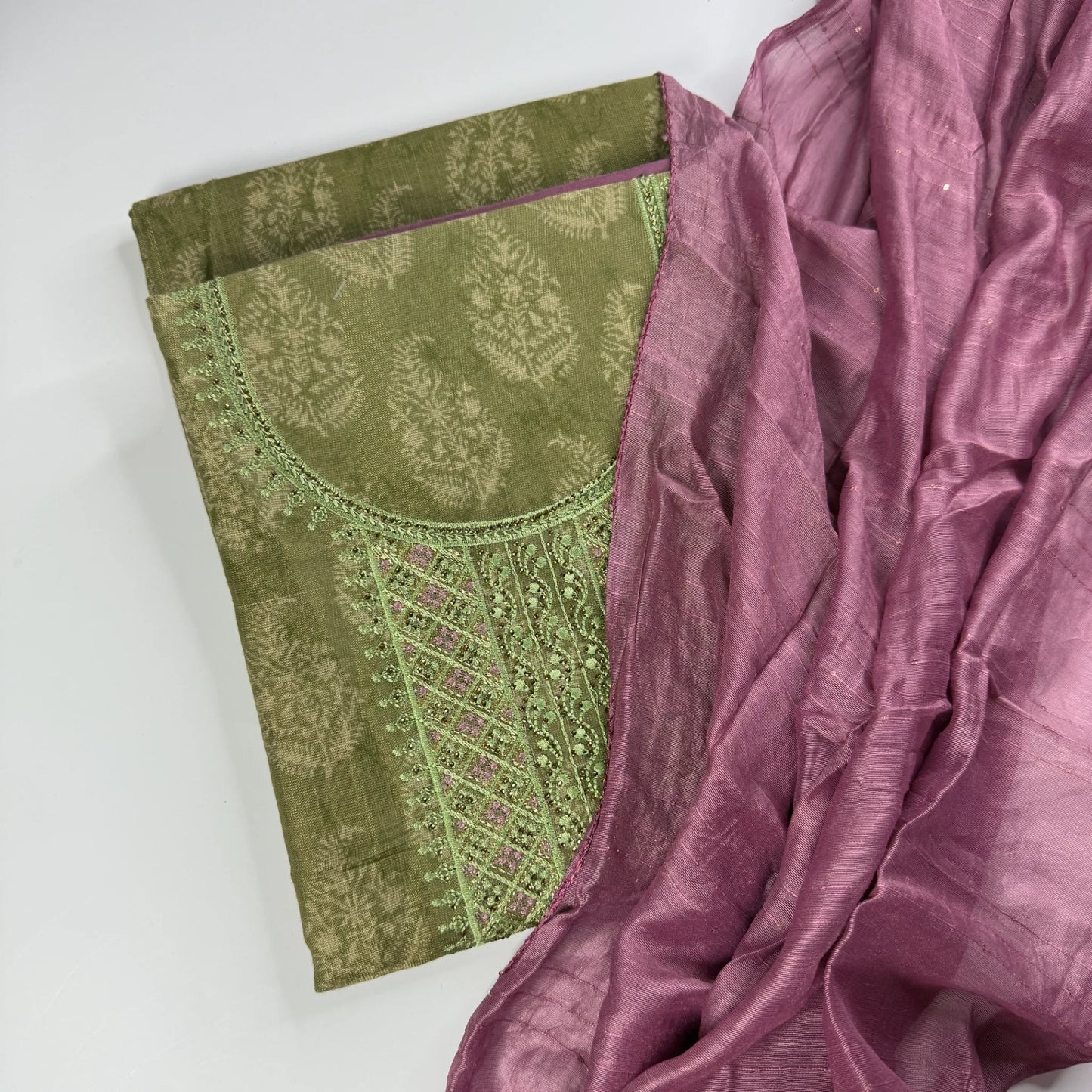 Olive Green Embroidered Unstitched Suit Set | R0-005