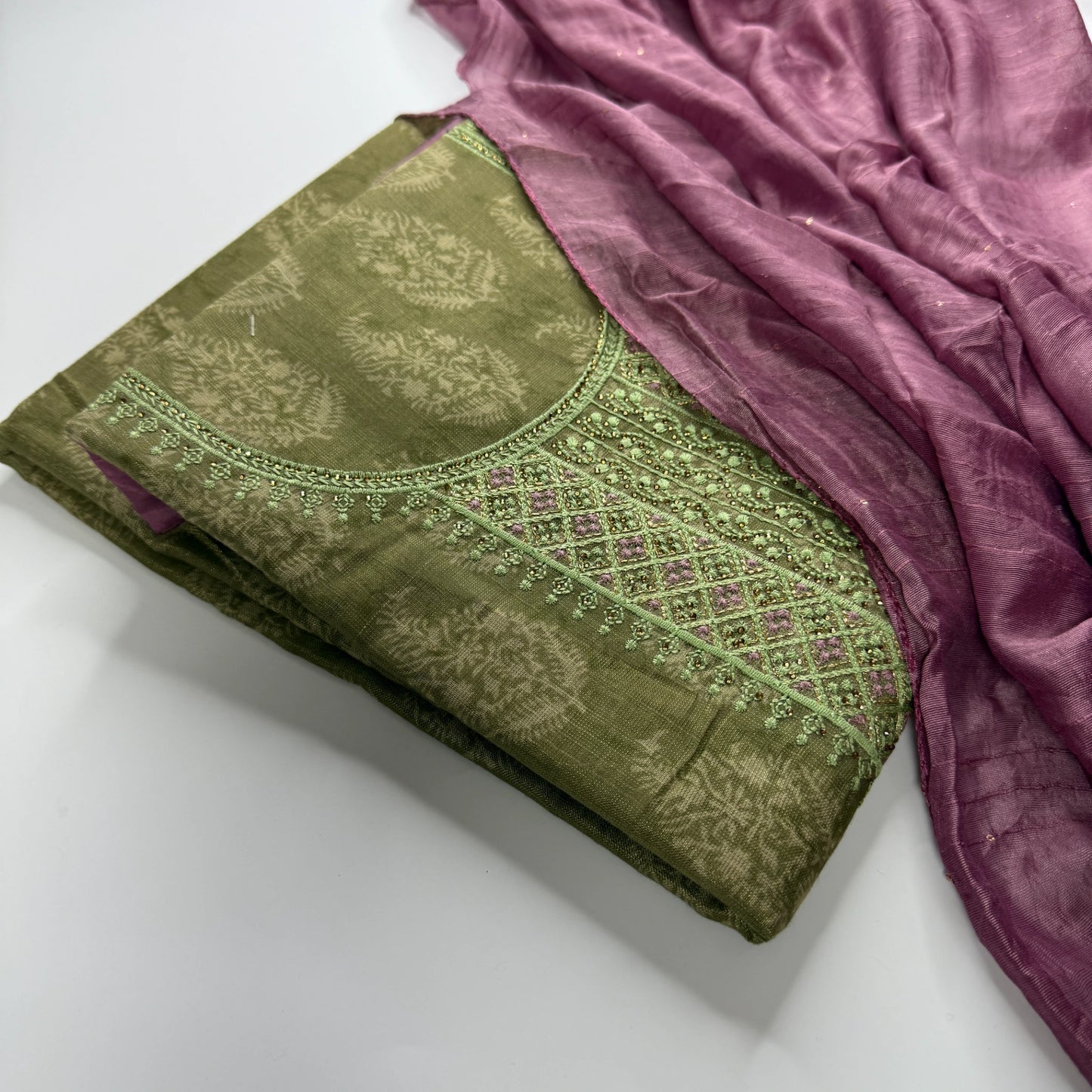 Olive Green Embroidered Unstitched Suit Set | R0-005