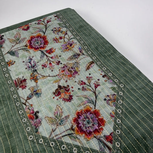 Sage Bloom – Unstitched Suit Set with Woven Stripes and Floral Panel | S0-002