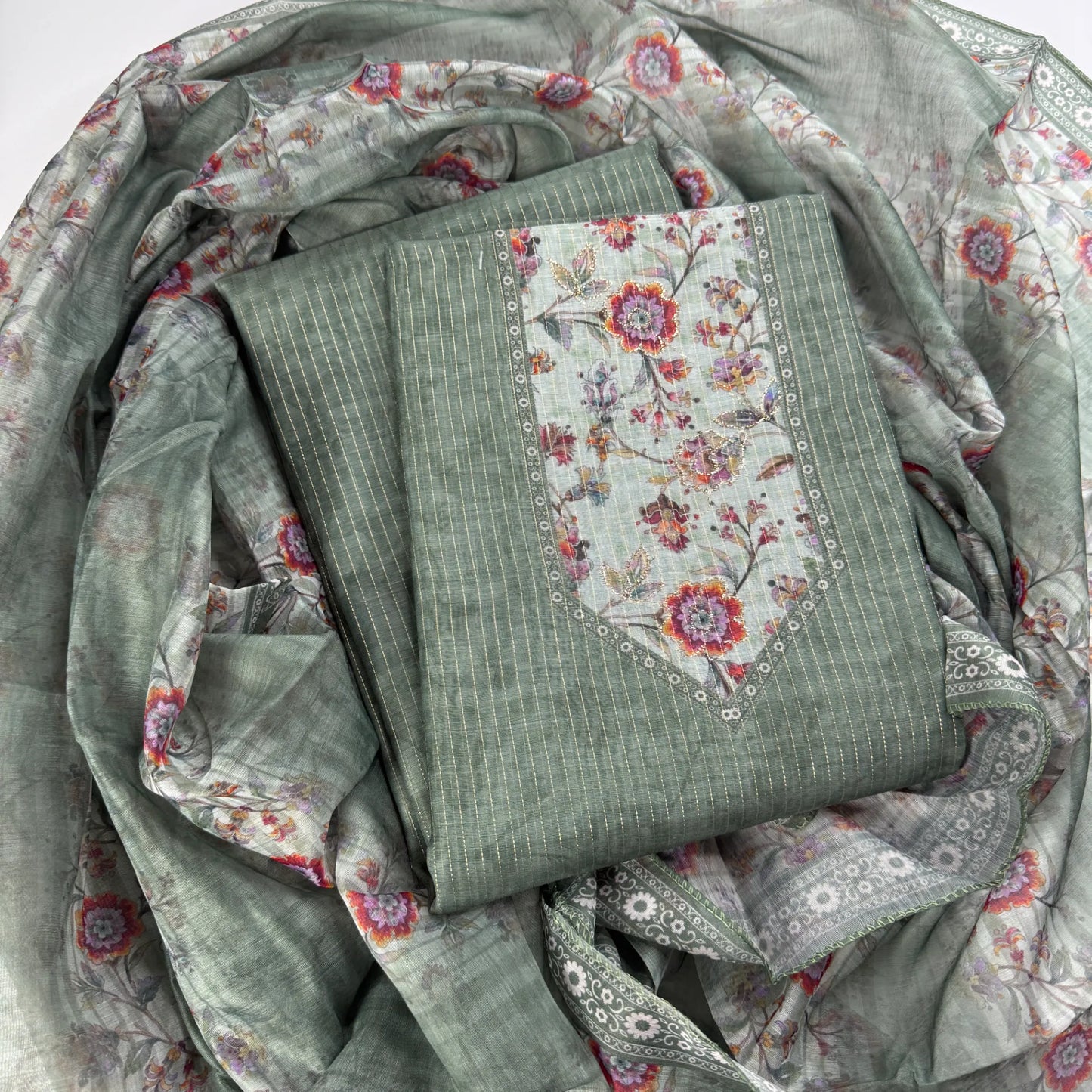 Sage Bloom – Unstitched Suit Set with Woven Stripes and Floral Panel | S0-002