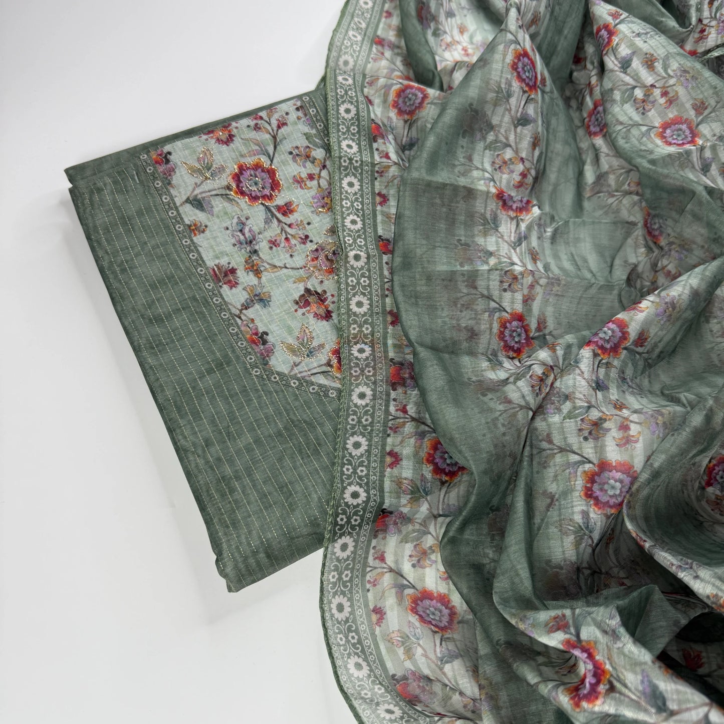 Sage Bloom – Unstitched Suit Set with Woven Stripes and Floral Panel | S0-002