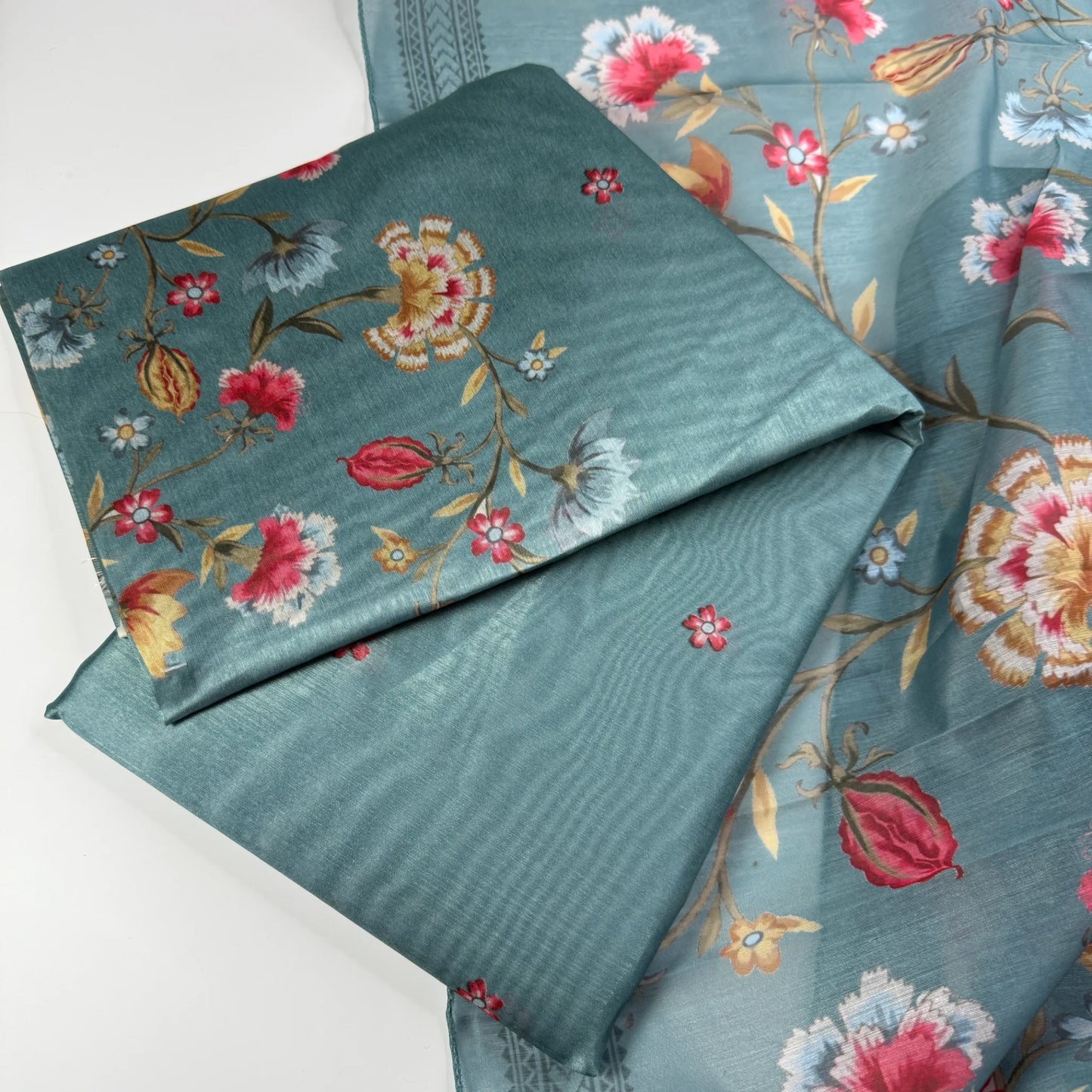 Teal Blossom – Unstitched Suit Set with Digital Floral Print | Q0-005