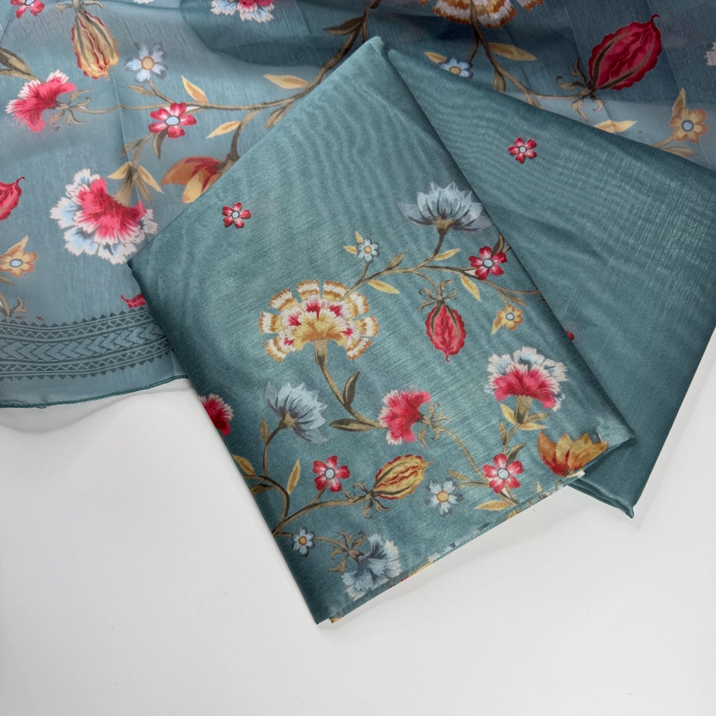 Teal Blossom – Unstitched Suit Set with Digital Floral Print | Q0-005
