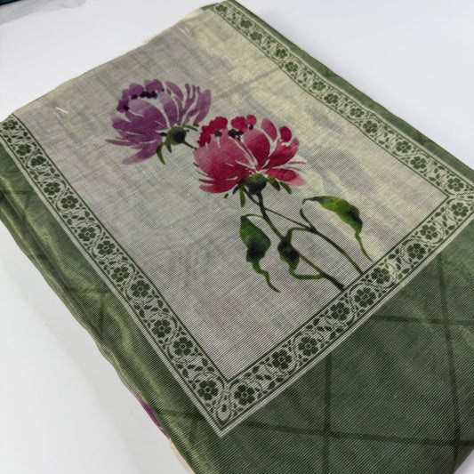 Unstitched Elegant Olive Green Floral Suit Set- R0-002