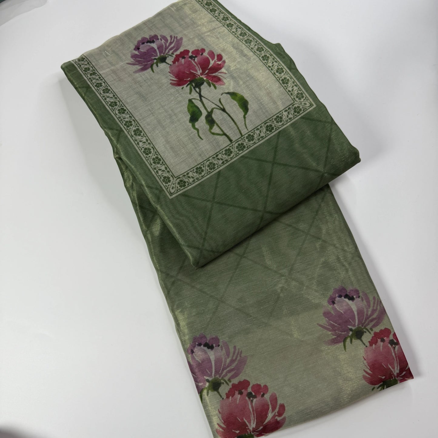 Unstitched Elegant Olive Green Floral Suit Set- R0-002
