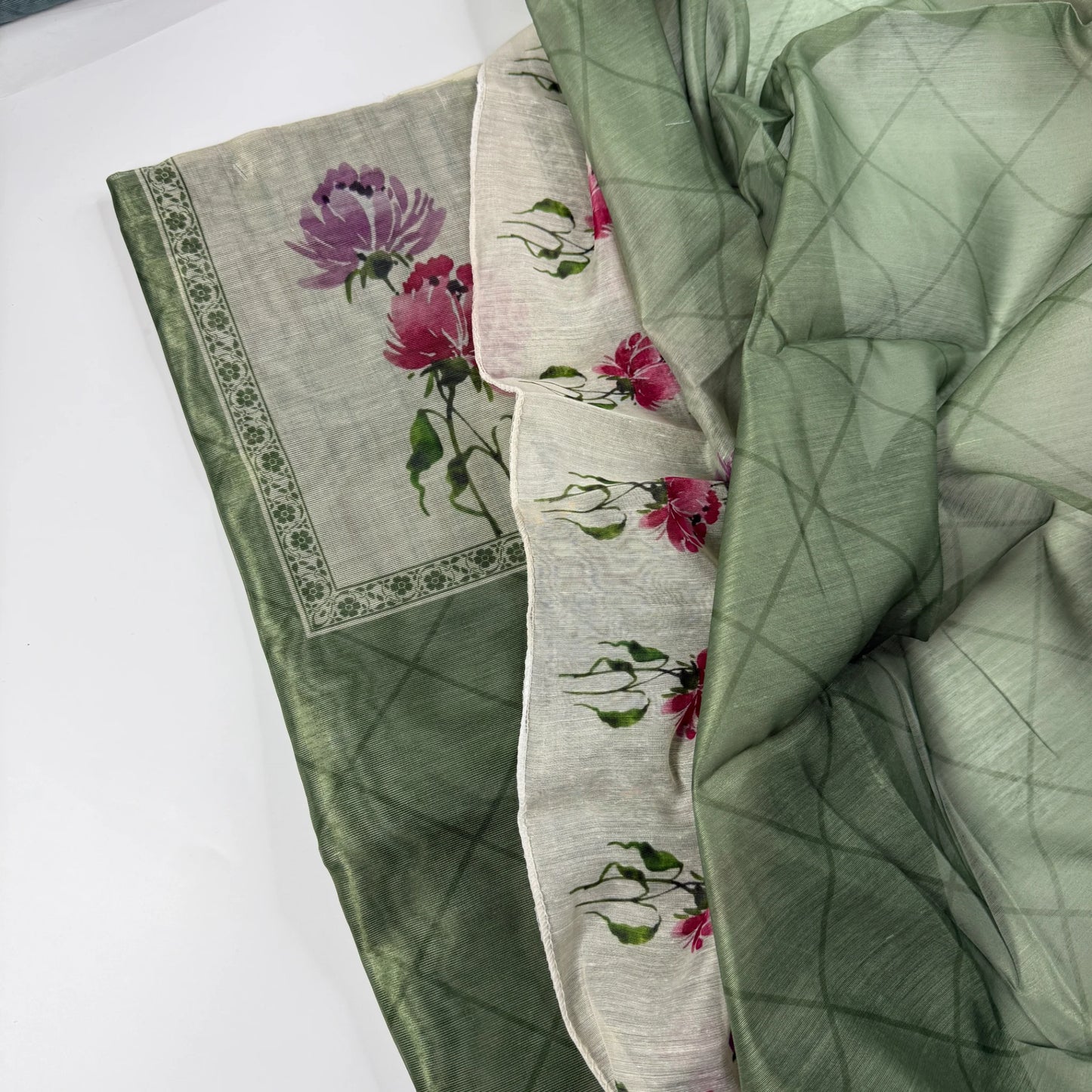 Unstitched Elegant Olive Green Floral Suit Set- R0-002