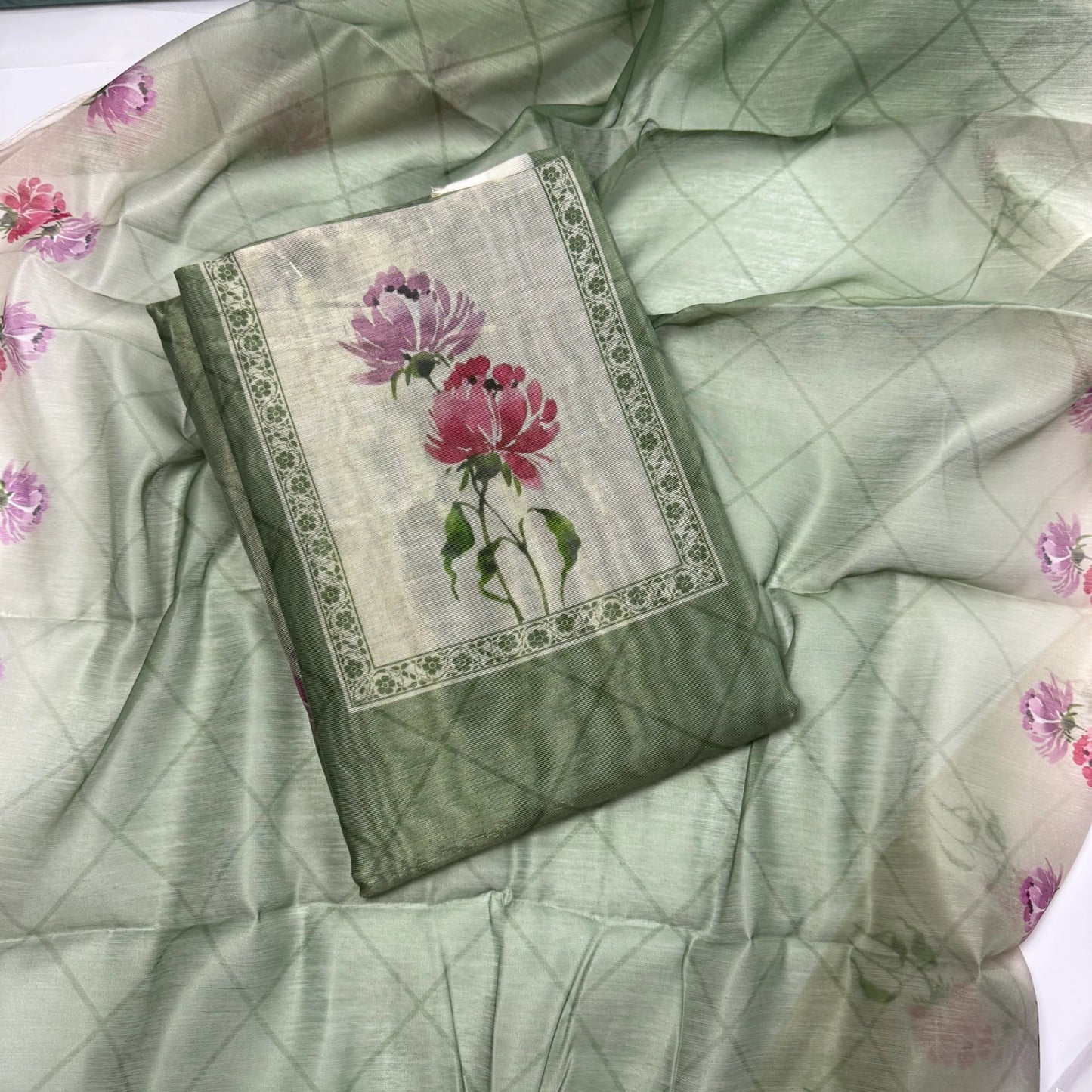 Unstitched Elegant Olive Green Floral Suit Set- R0-002