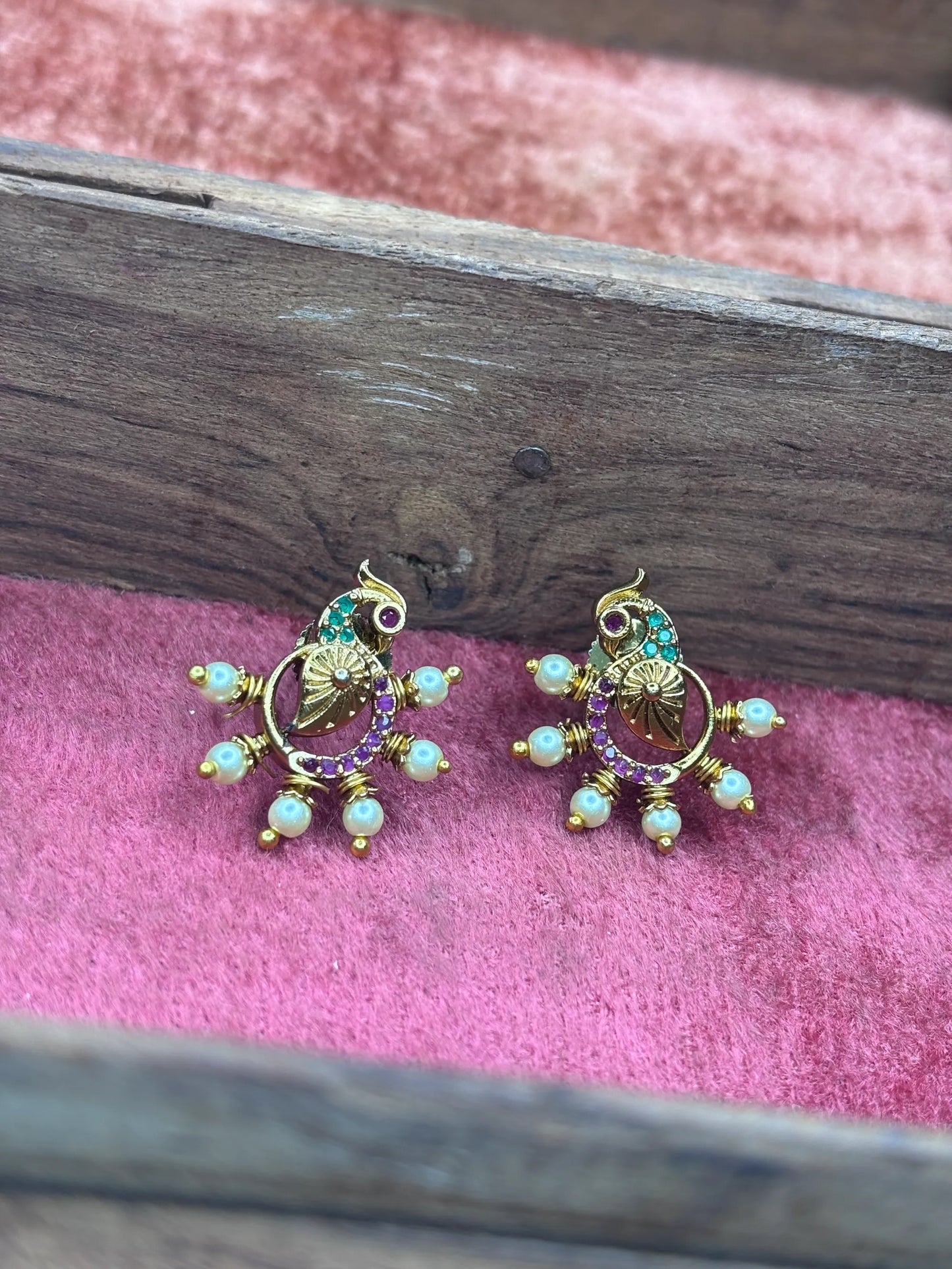 Classic Peacock & Pearl Stud Earrings (SKU: B5-T-003)