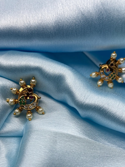 Elegant Paisley Studs with Pearls and CZ (SKU: B5-T-006)