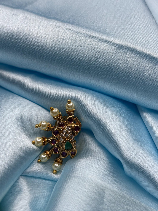 Peacock-Inspired Pearl & CZ Stud Earrings (SKU: B5-T-008)