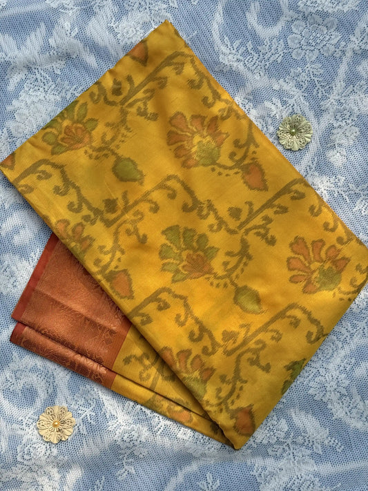 Yellow Floral Print - Pochampalli Soft Silk Saree