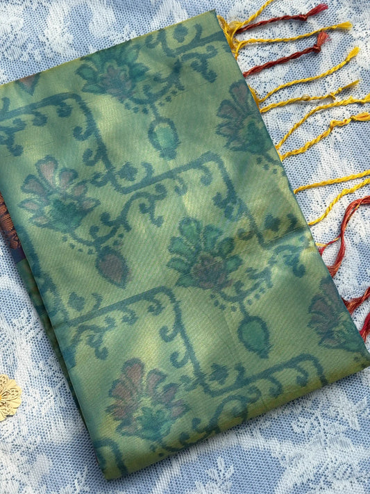 Teal Green Floral Print - Pochampalli Soft Silk Saree