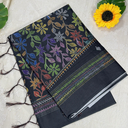 Black Kanta Print Manipuri Silk Saree with Metallic Grey Border and Kanta Floral Pallu