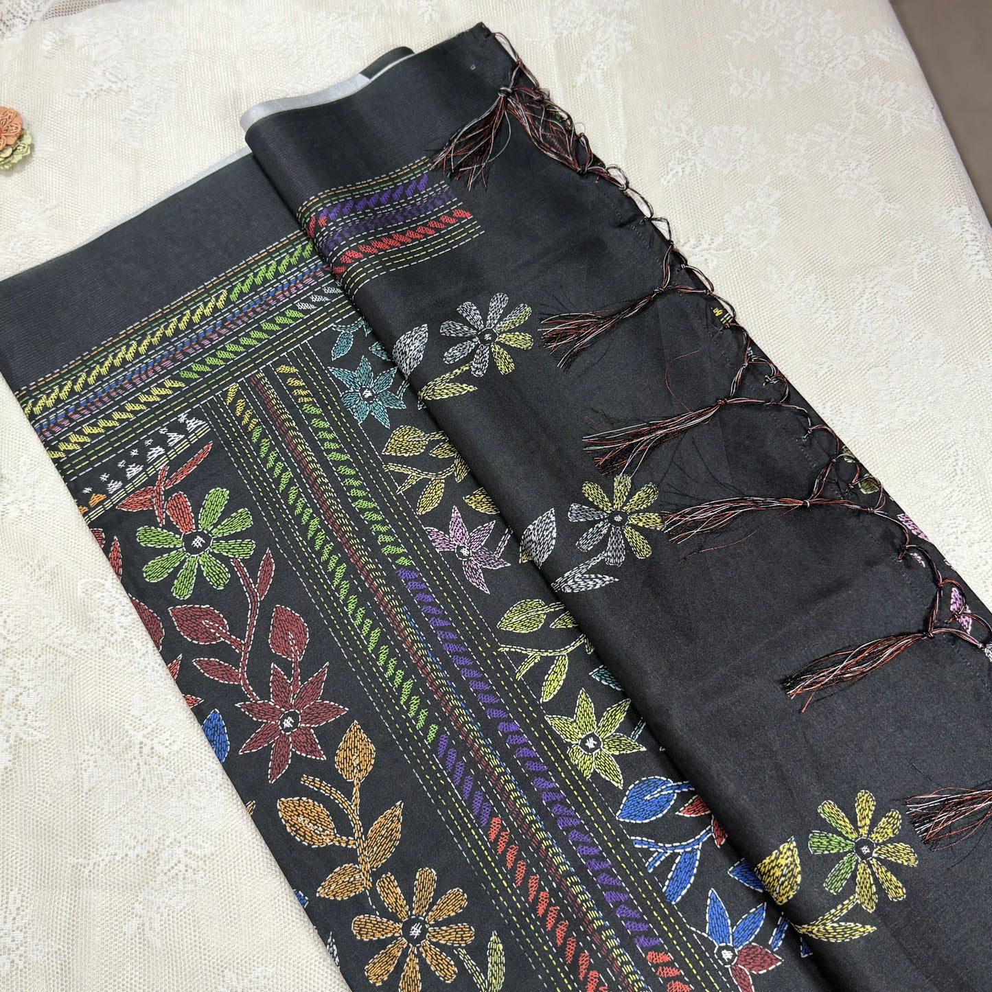 Black Kanta Print Manipuri Silk Saree with Metallic Grey Border and Kanta Floral Pallu