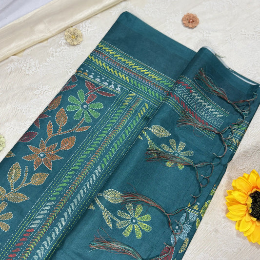 Emareld Green Kanta Print Manipuri Silk Saree with Emareld Green Border and Kanta Floral Pallu