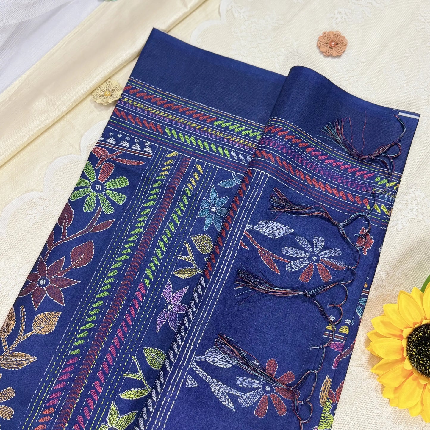 Navy Blue Kanta Print Manipuri Silk Saree with Metallic Blue Border and Kanta Floral Pallu