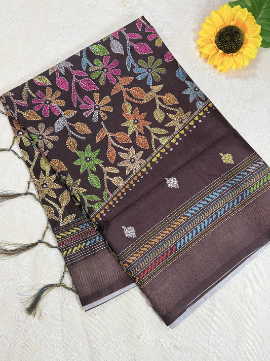 Coffee Brown Kanta Print Manipuri Silk Saree with Metallic Brown Border and Kanta Floral Pallu