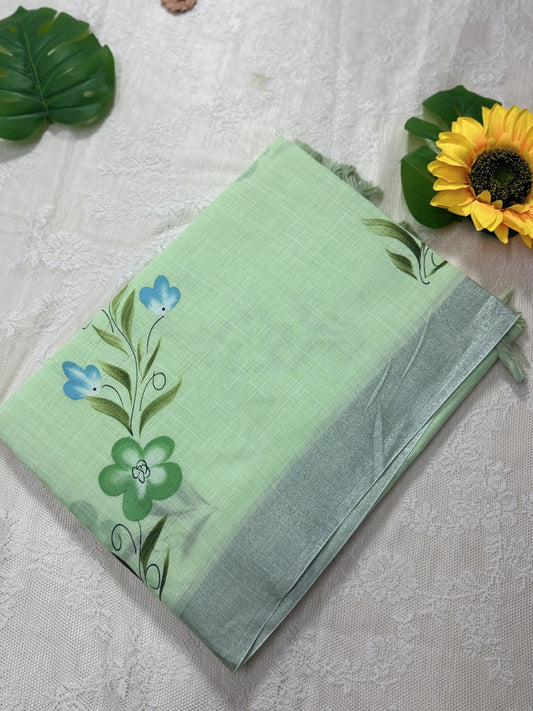 Pastel Green Premium Linen Cotton with Blue and Green Floral Brush Painting