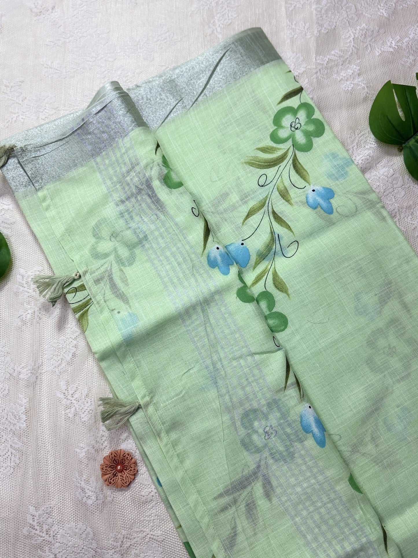 Pastel Green Premium Linen Cotton with Blue and Green Floral Brush Painting