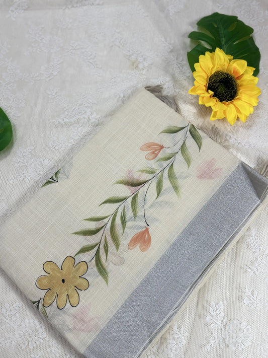 Pastel Beige Premium Linen Cotton with Yellow Floral Brush Painting