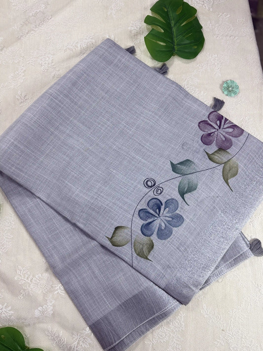 Pastel Grey Premium Linen Cotton with Brush Painting