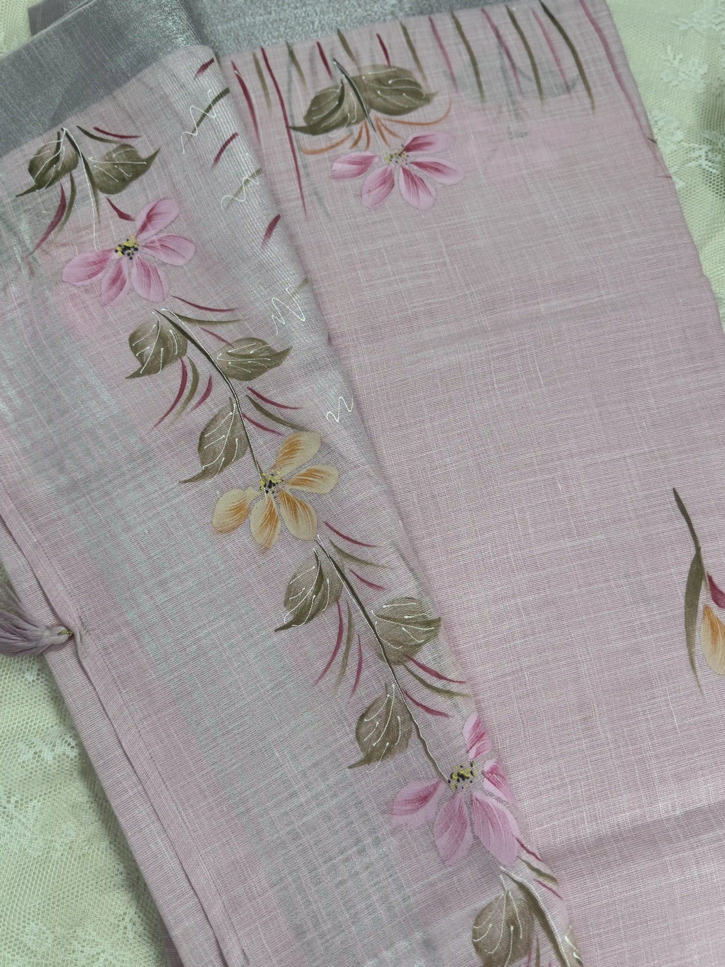 Pastel Baby Pink Premium Linen Cotton with Brush Painting
