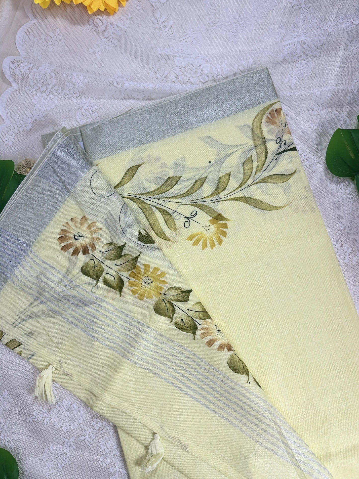 Pastel Yellow Premium Linen Cotton with Yellow Floral Brush Painting