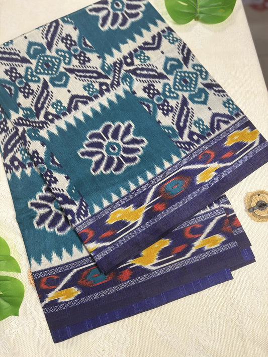 Navy Blue and Emerald Green Pochampally design Cotton Saree