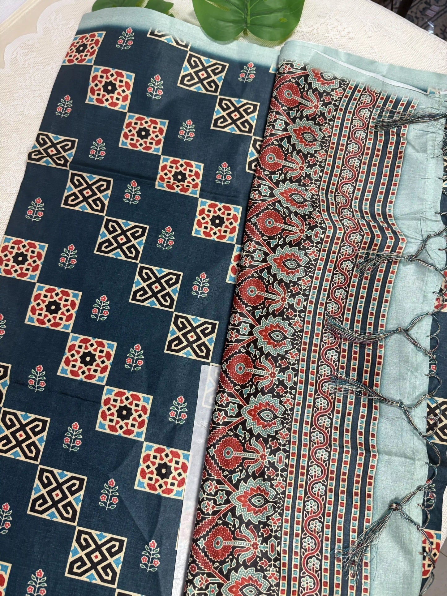 Dark Teal Ajrakh Print - Semi Modal Saree with Mint Blue Border