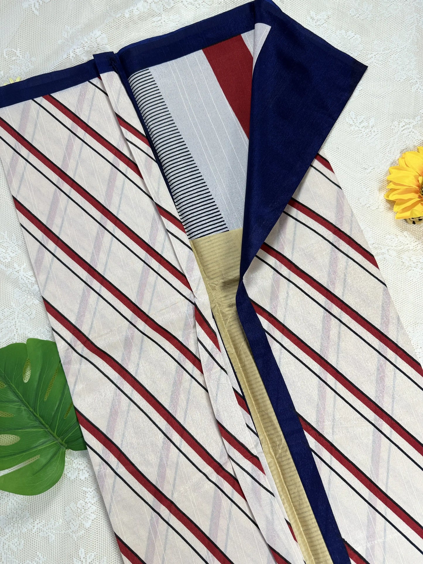 Everyday Tussar Saree: White Saree with black and red stripes body thin black line border