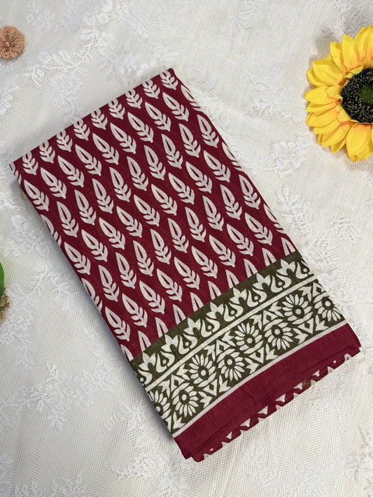 Everyday Tussar Saree: Bright Maroon Red Saree with white leafy motif and white flora border with black and red pallu