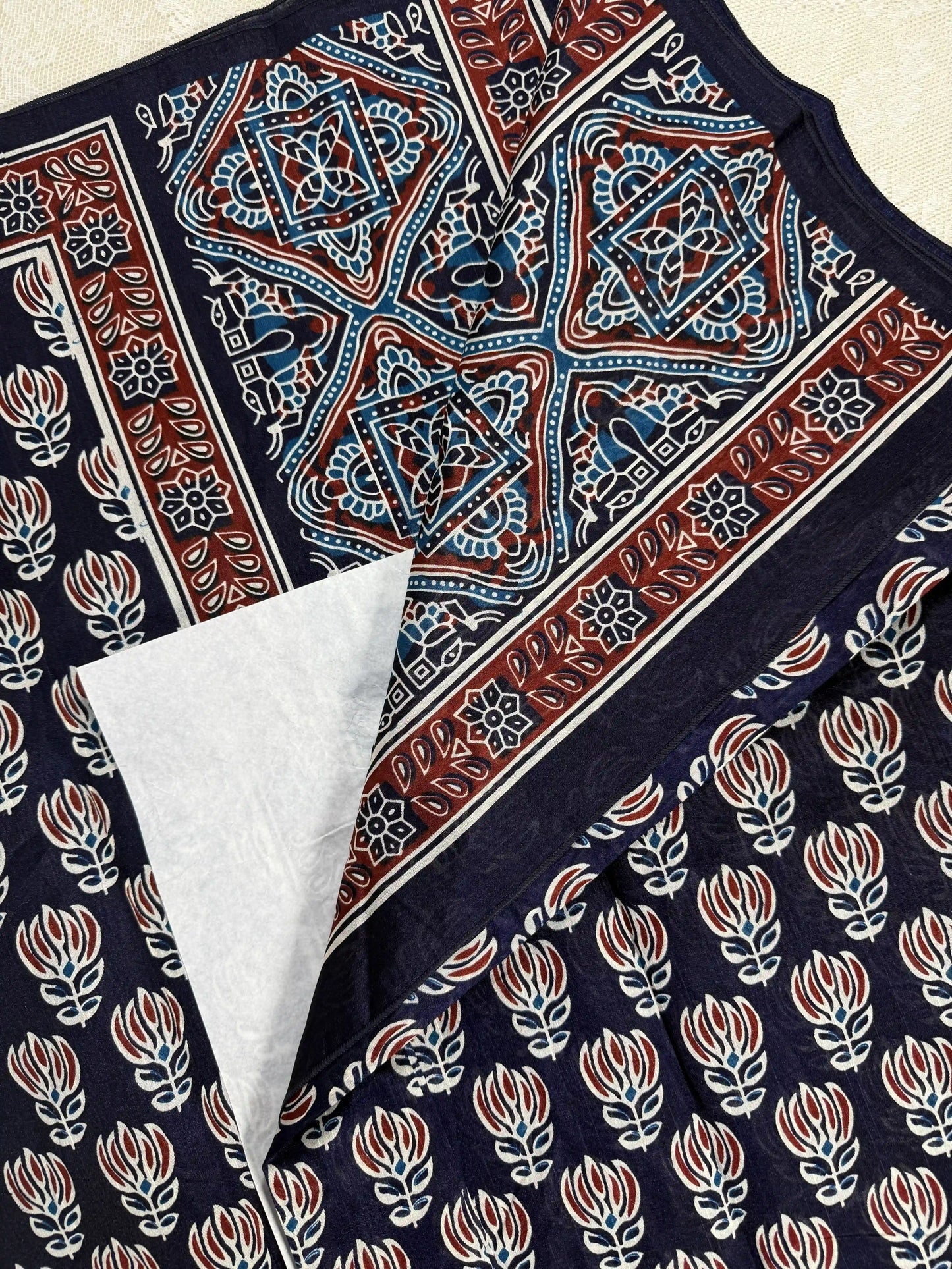 Everyday Tussar Saree: Navy Blue Saree with Red & Green Floral motif and Red flora border with red and white floral pallu
