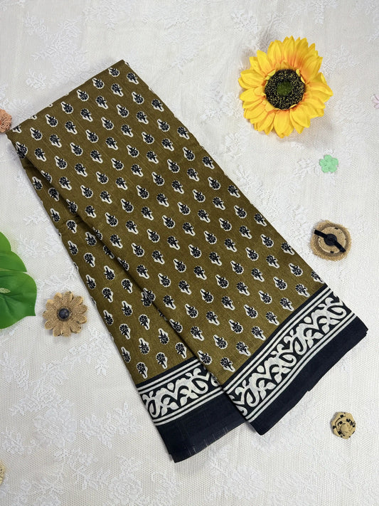 Everyday Tussar Saree: Khaki Green Saree with white floral motif and white floral border with white striped pallu