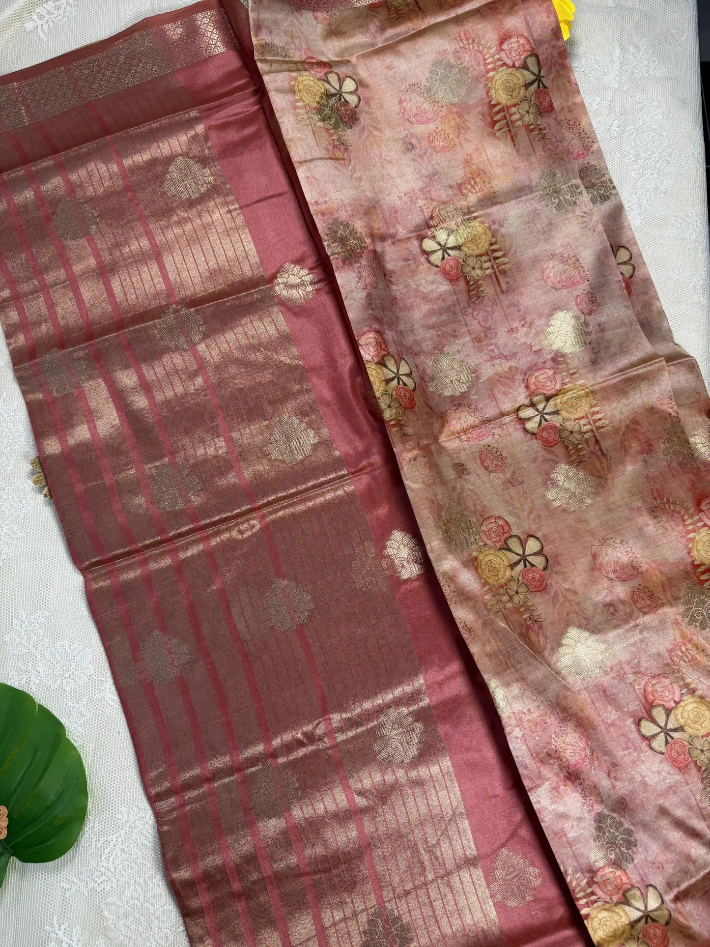 Pale Orange Cotton Silk Saree with Gold Butta Body and Floral Motifs with Rose Red and Gold Stripped Border and Pallu