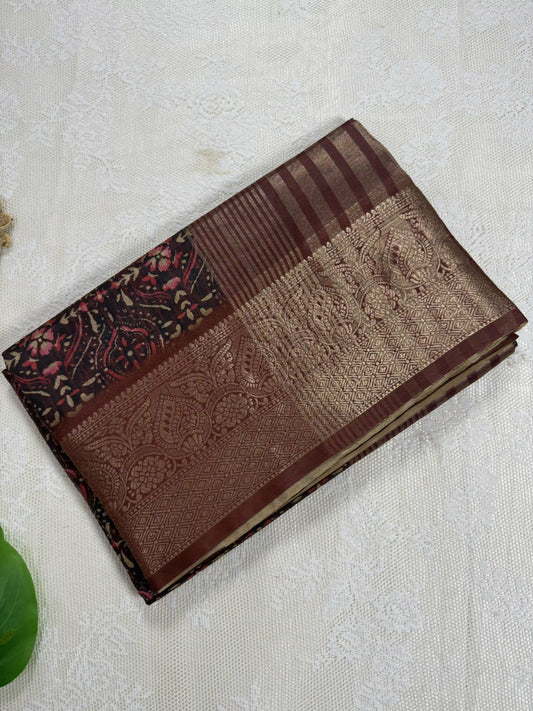 Mehendi Red Cotton Silk Saree with Gold Butta Body and Floral Motifs with Red and Gold Stripped Border and Pallu