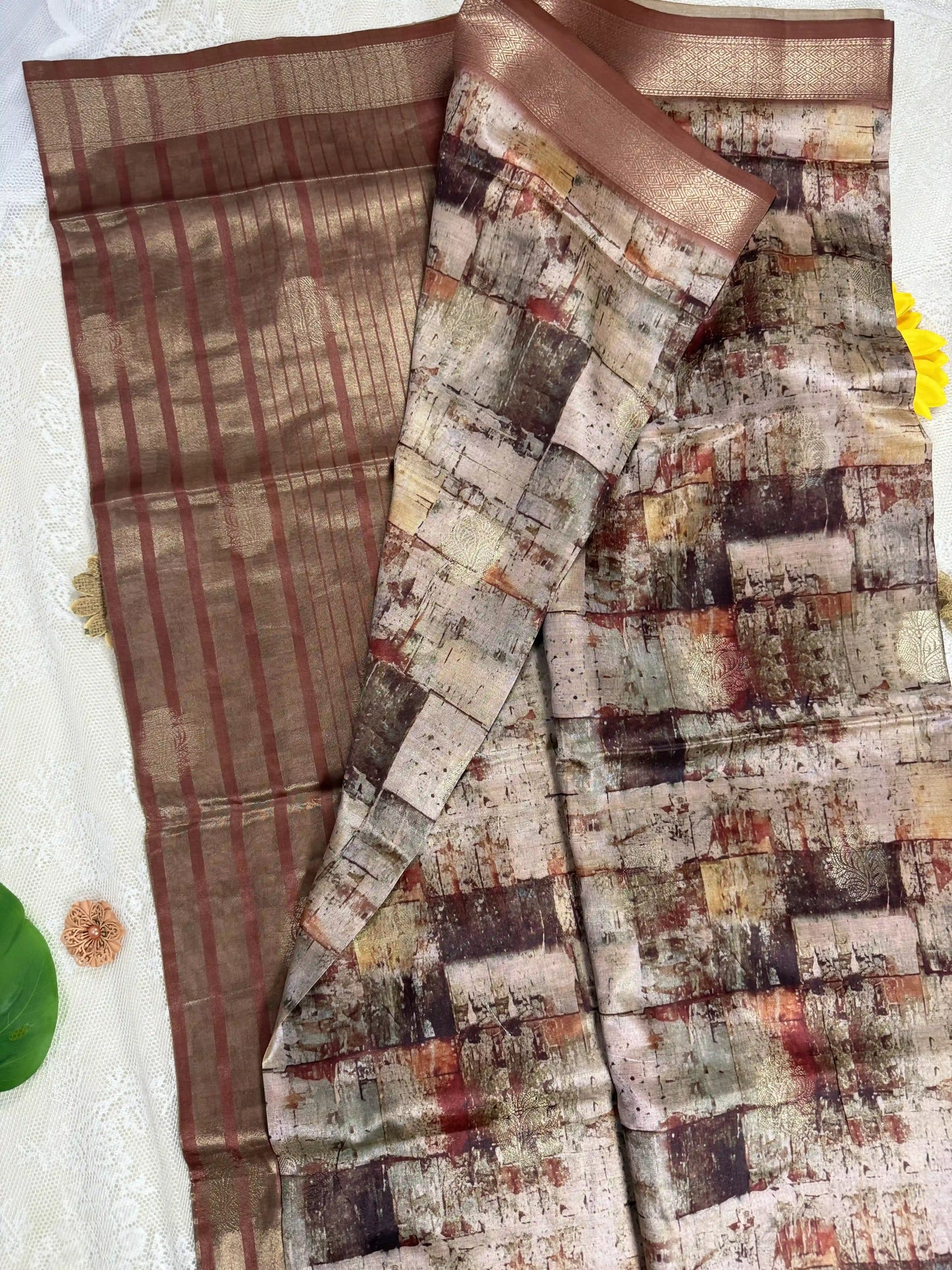 Temple Red Cotton Silk Saree with Gold Butta Body and Beige Marble Motifs with Red and Gold Stripped Border and Pallu