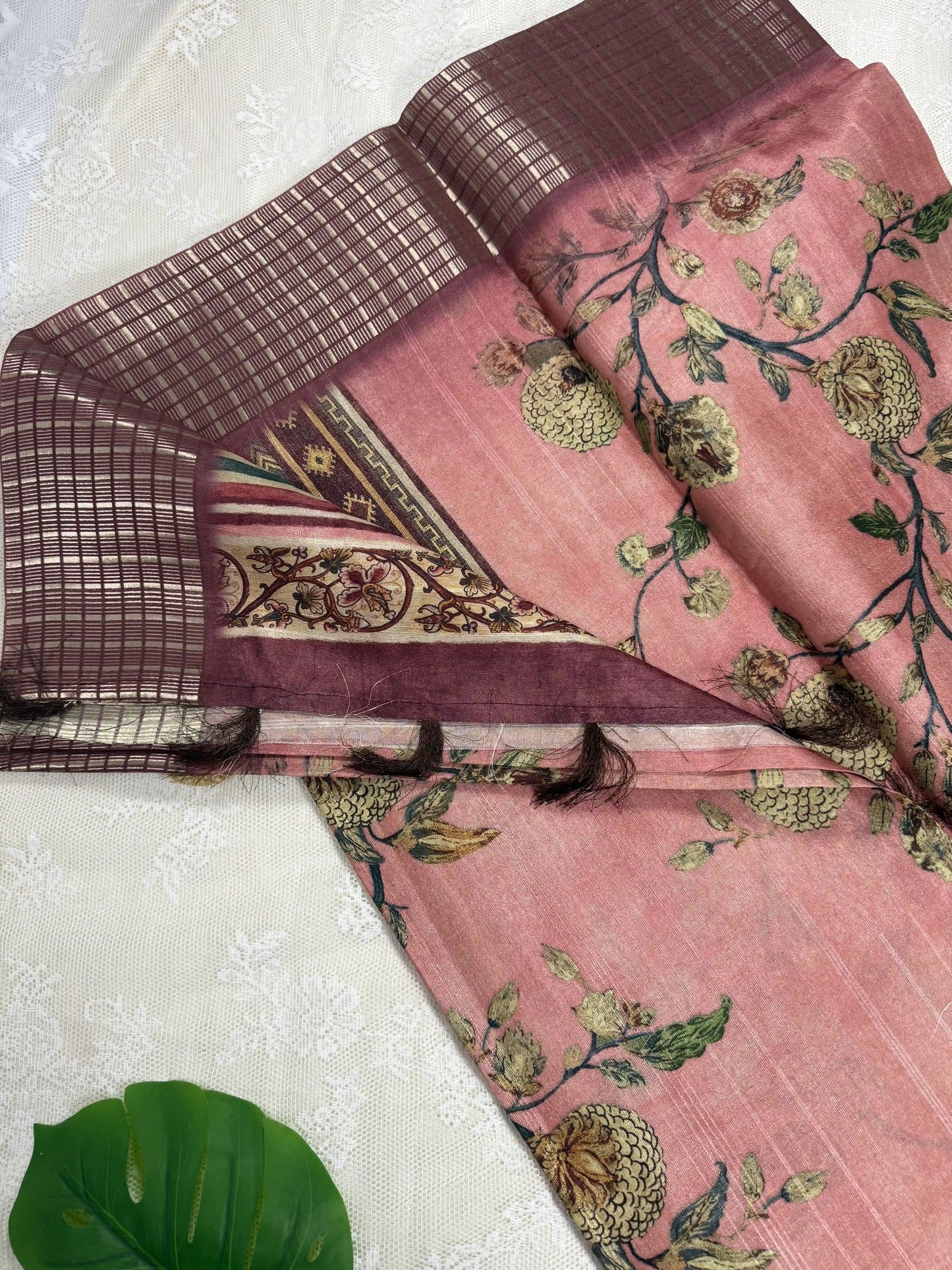 Peach Tassar Silk Saree with Floral design body and maroon red border with gold barcode zari work