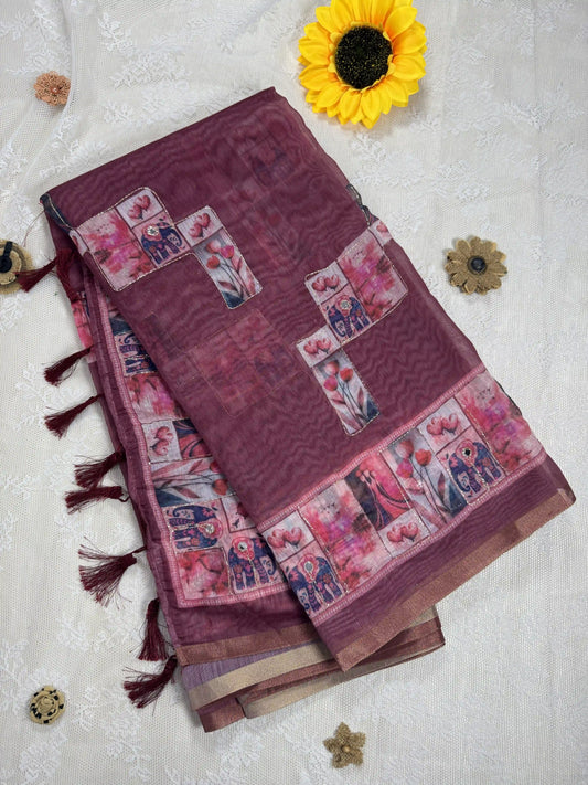 Maroon Red Silk Cotton Saree with Printed Heart Motifs Bordered with Sequence Zari work and Mirror Work
