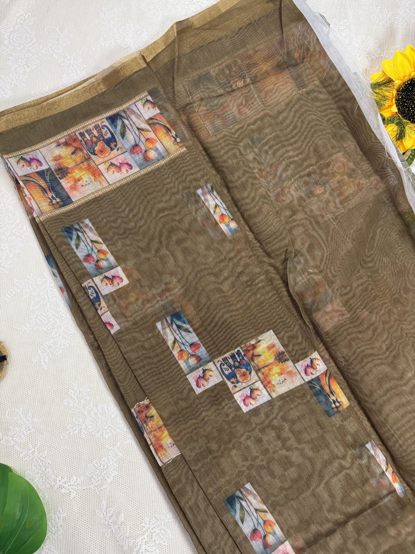 Khakhi Brown Silk Cotton Saree with Printed Heart Motifs Bordered with Sequence Zari work and Mirror Work