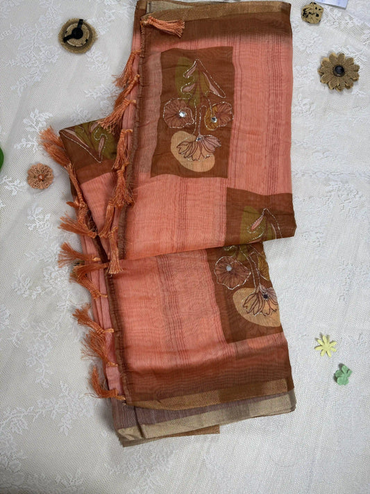 Candy Orange Silk Cotton Saree with Printed Floral Motifs Bordered with Sequence Zari work and Mirror Work