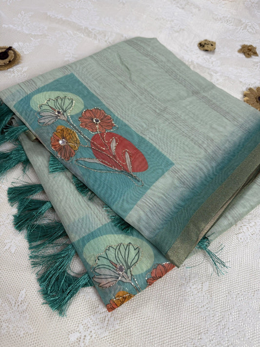 Candy Green Silk Cotton Saree with Printed Floral Motifs Bordered with Sequence Zari work and Mirror Work