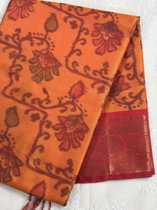 Orange Floral Print - Pochampalli Soft Silk Saree