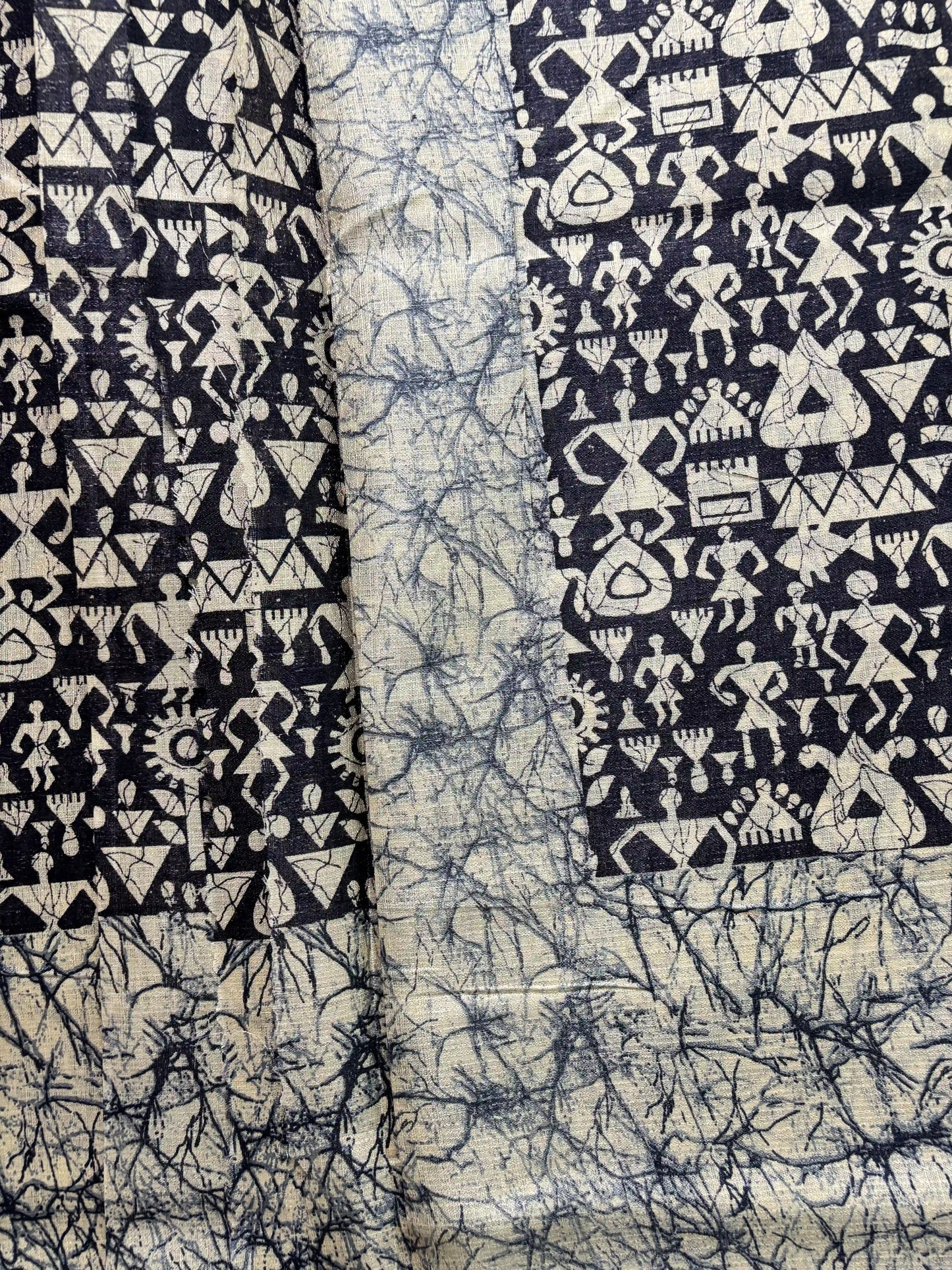 Black Silk Soft Cotton Saree with Warli Print Body and Marble pattern Border and pallu