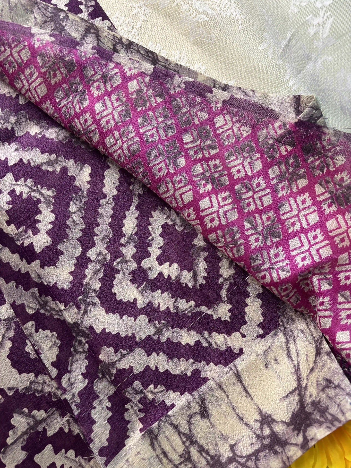 Purple Silk Soft Cotton Saree with Concentric diamond pattern print Body and Marble pattern Border and pallu