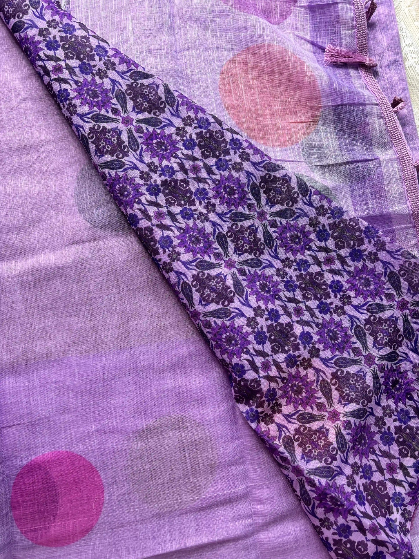 Lavendar Linen Cotton Saree with Multi Color Huge Polka Dot print