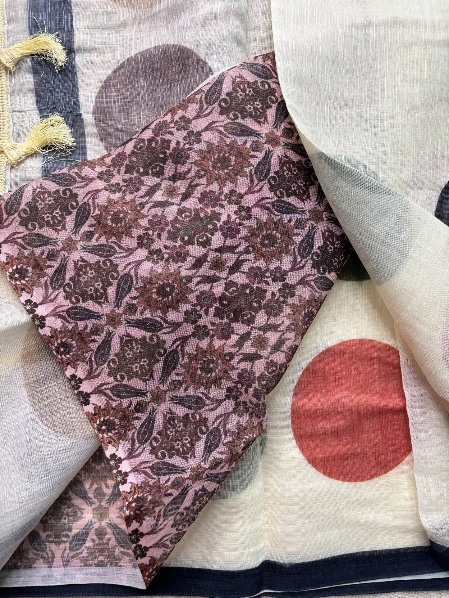 White Linen Cotton Saree with Multi Color Huge Polka Dot print