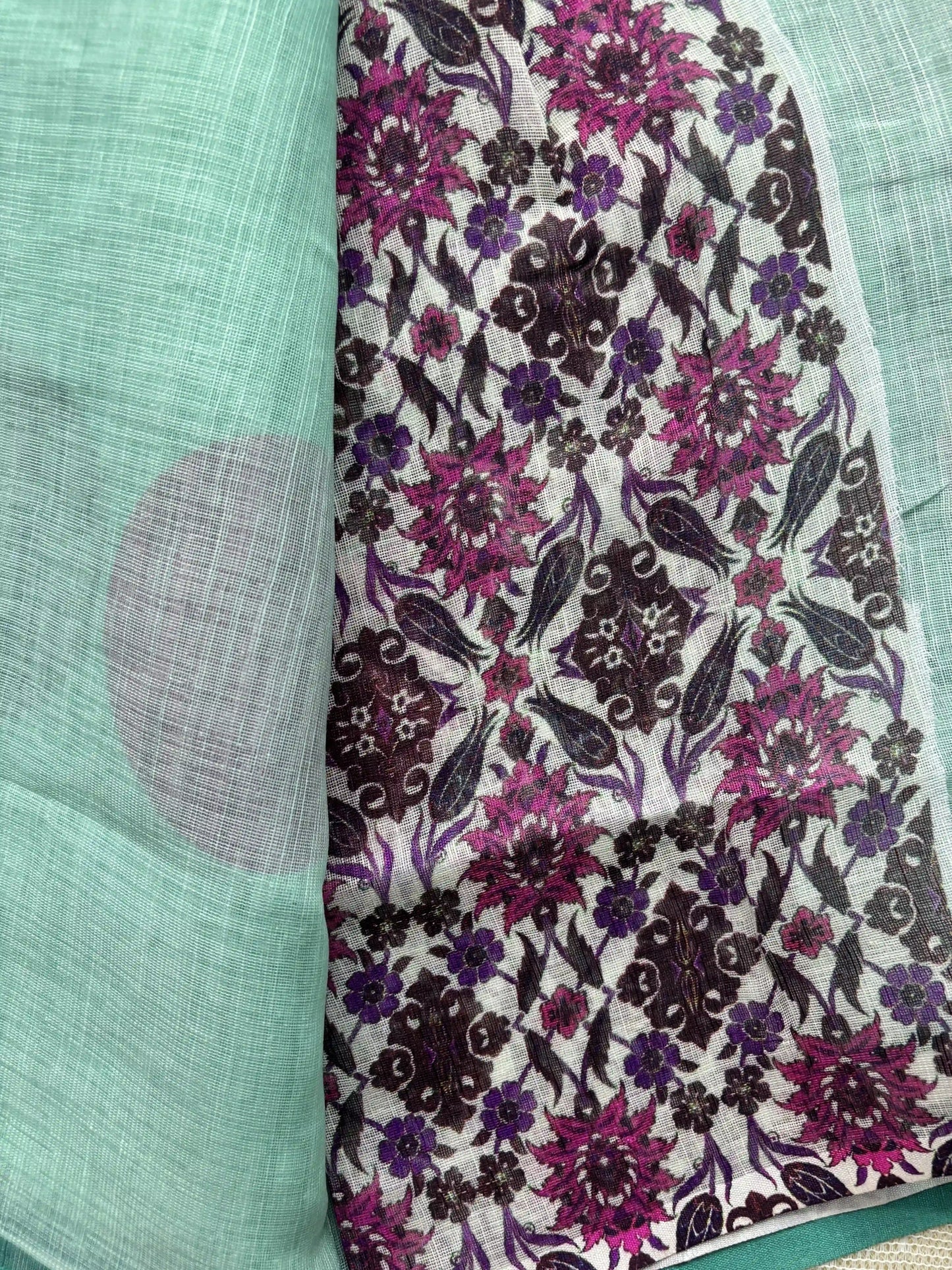 Mint Green Linen Cotton Saree with Multi Color Huge Polka Dot print