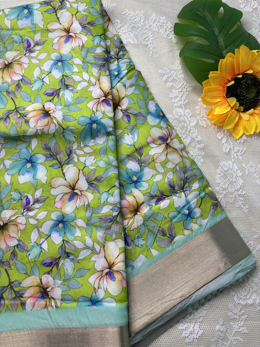 Candy Mint Green and Blue Floral Pint body and Gold Zari Border Saree