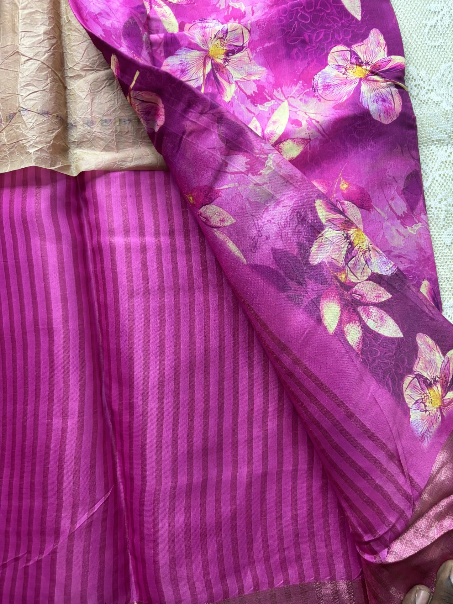 Candy Pink and Rose Floral Pint body and Gold Zari Border Saree