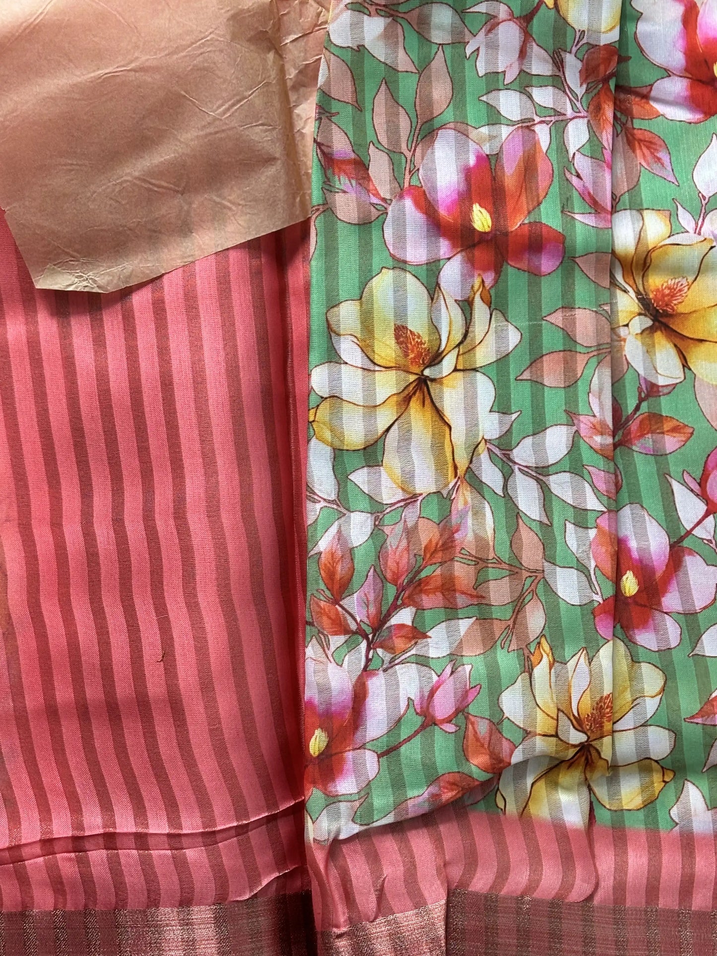 Candy Green and Peach Floral Pint body and Gold Zari Border Saree